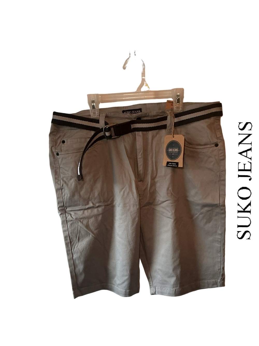 Suko Men's Grey Stretch Jean Shorts with Striped Belt
